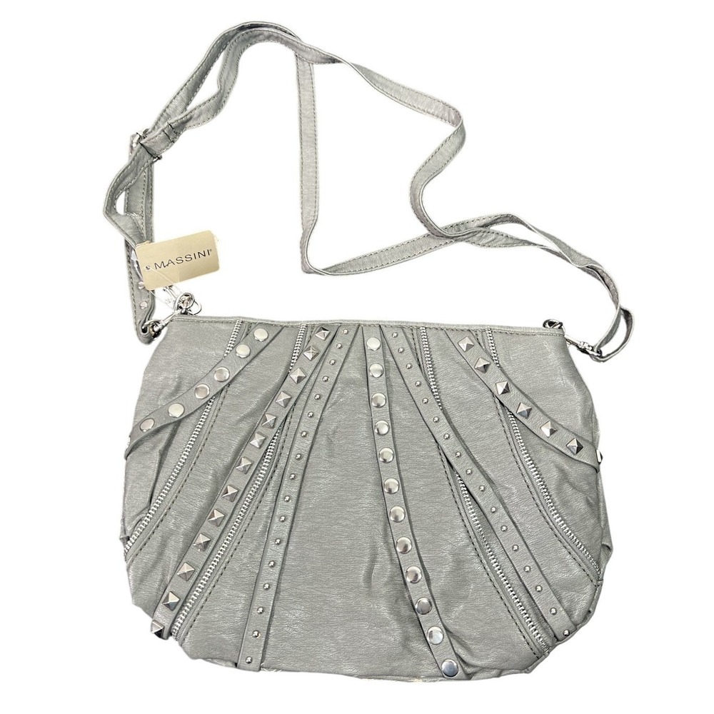 MASSINI Grey Faux Leather Studded Zipper Crossbody Shoulder Bag Handbag‎